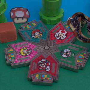 Assortment of colorful Super Smash Series medals with video game character designs.
