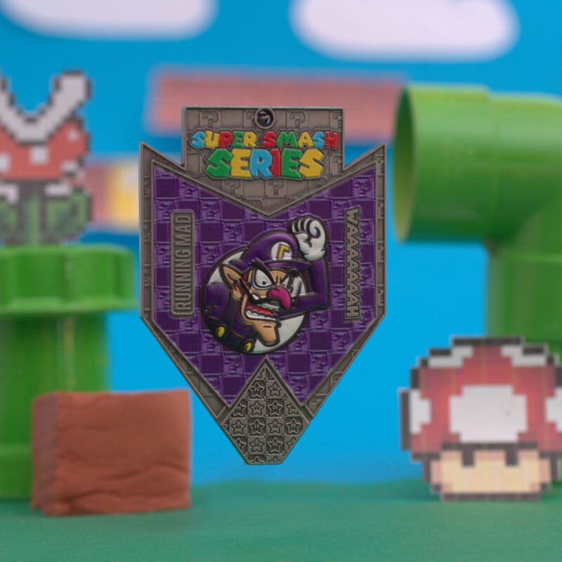 Waluigi medal from the Super Smash Series in a distinctive purple theme.