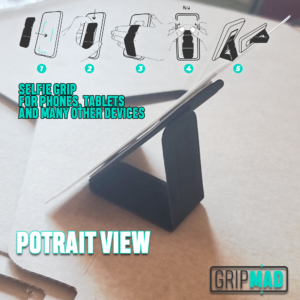 Innovative grip holding a tablet in portrait view.