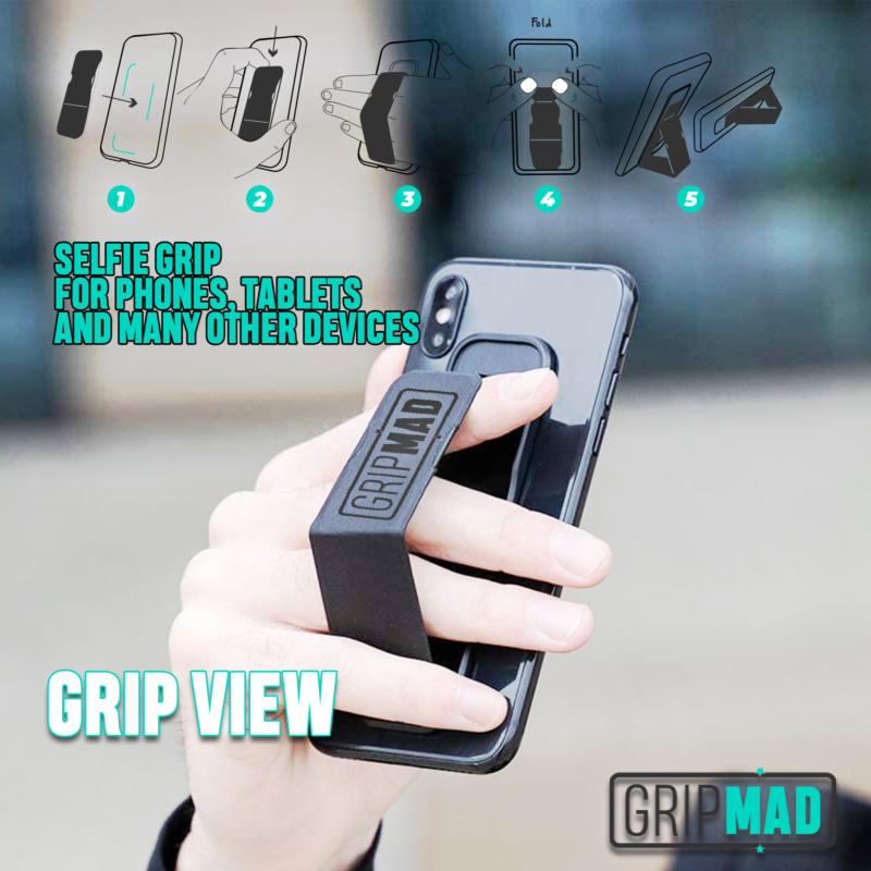 User holding a phone with GripMad's black selfie grip in grip view.