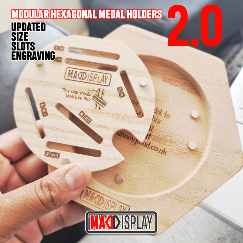 Modular hexagonal wooden medal holder 2.0 with updated features