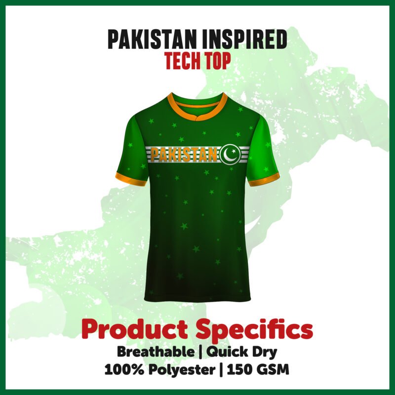 Pakistan-Inspired Athletic Tech Top for Runners. with White Star Patterns.