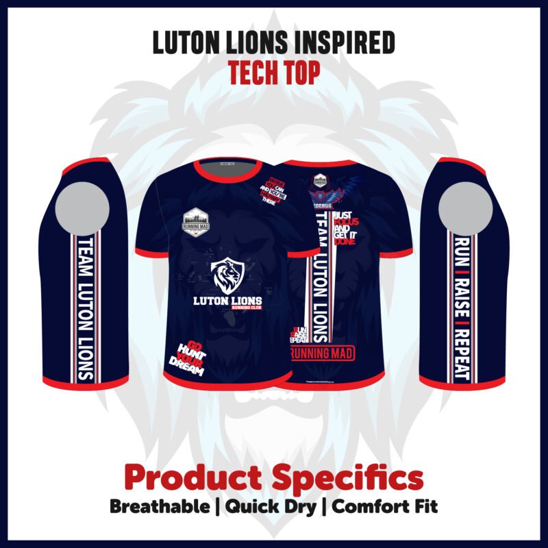 Comprehensive Luton Lions Inspired Tech Top Design with Front, Back, and Sleeve Details
