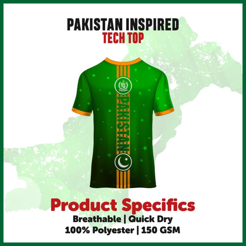 Pakistan-Inspired Athletic Tech Top for Runners. with Stylish Green and Orange Detailing.