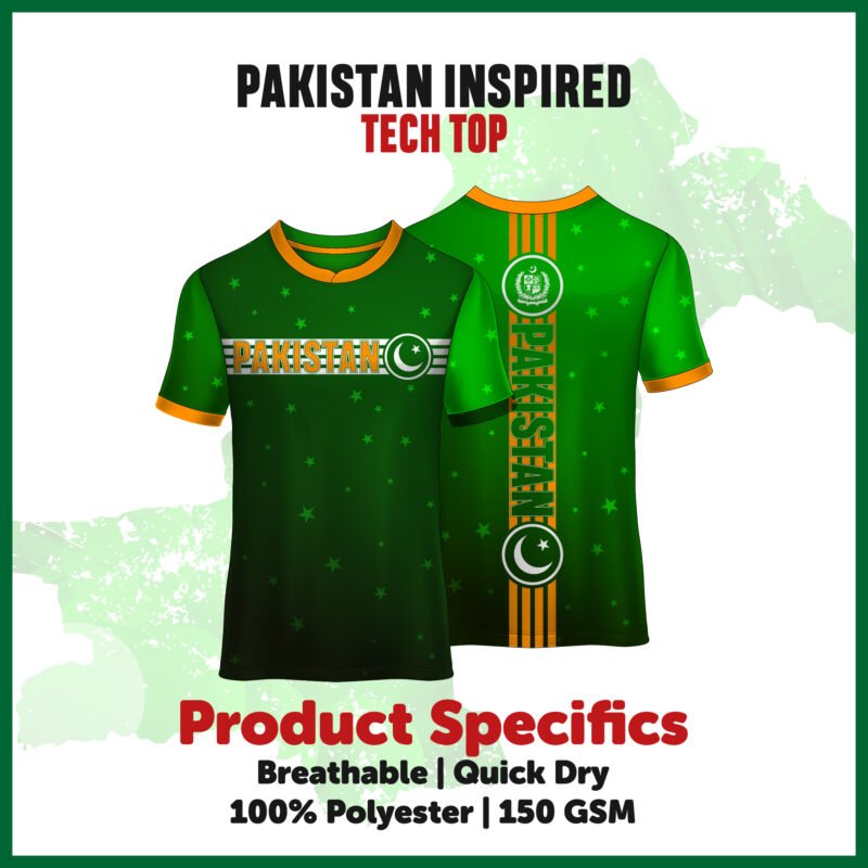 Pakistan Inspired Tech Top Front and Back Design with National Emblem.