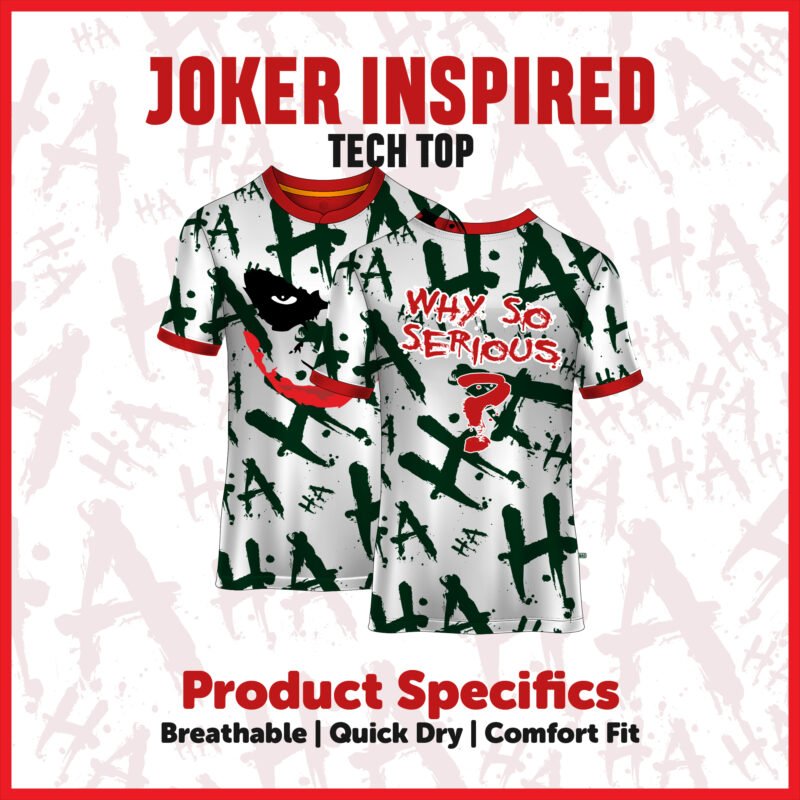 White Tech Top with Green Ha-Ha Pattern and Iconic Red Slogan