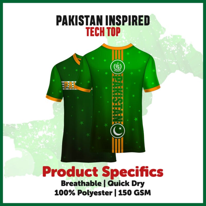 Sleek Pakistan Inspired Tech Top with Crescent and Star Emblem.