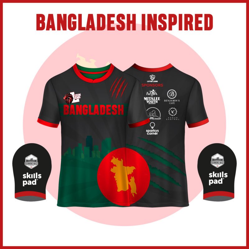 Bangladesh-Inspired Athletic Tech Top for Runners. Complete sports set with Bangladesh-inspired black t-shirt.