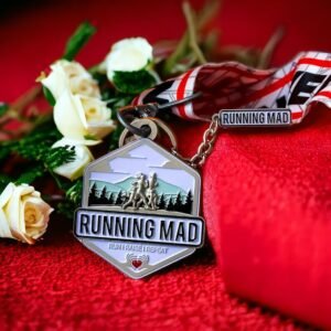 Running Mad medal with ribbon and white roses on red background.