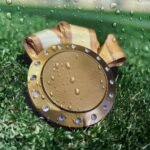 Custom Engravable Heavy Gold Medal with Water Crystals on Grass Background