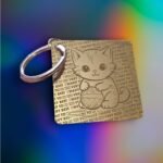 Engraved Cat with Yarn Ball Design Square Keyring
