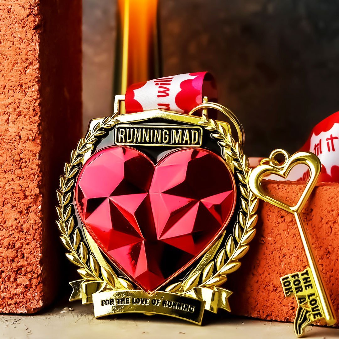 For the Love of Running heart medal and key