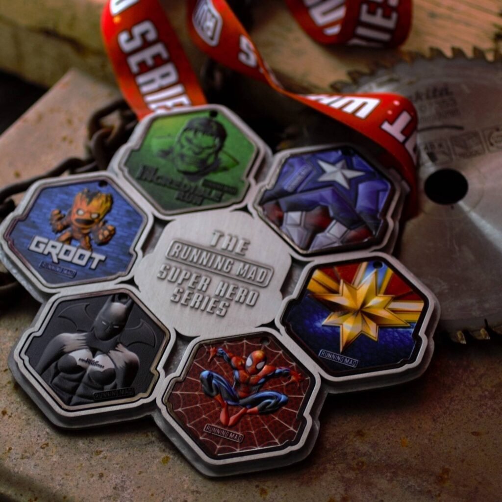 Epic Superhero Series medals showing their enamel colours and metal finish