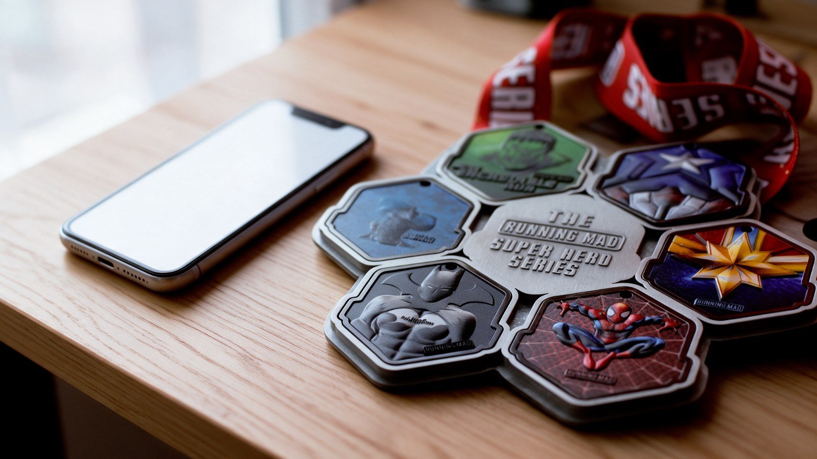 Running Mad Superhero Series hexagon medals on a desk next to a smartphone