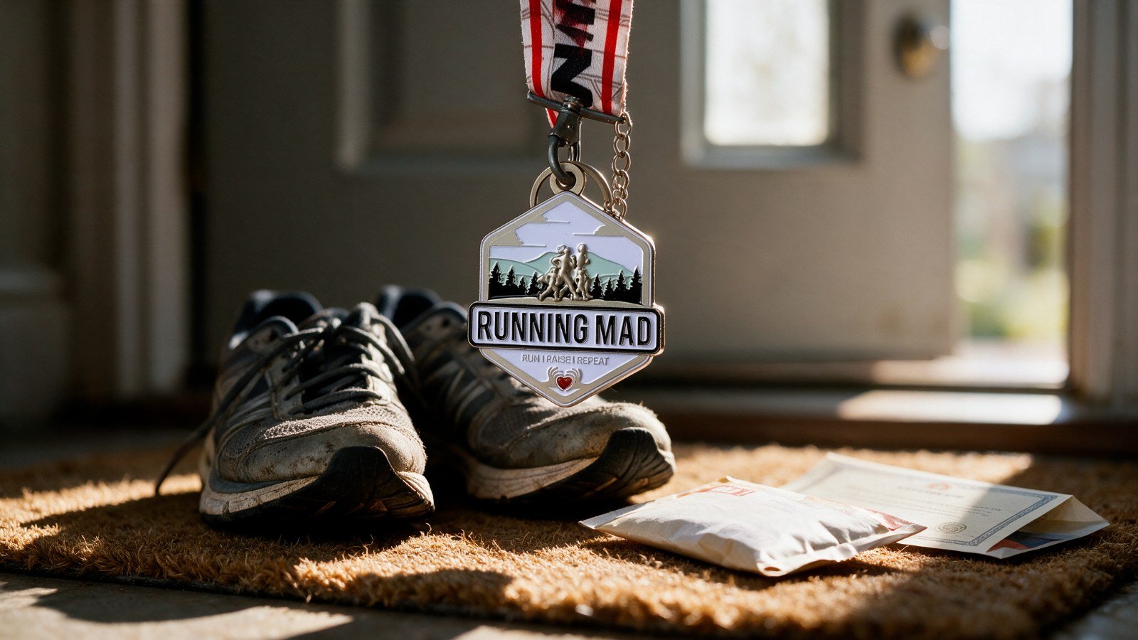 Running Mad Challenge Your Limits medal hanging over running shoes on a doormat with the envelope and certificate it arrived with