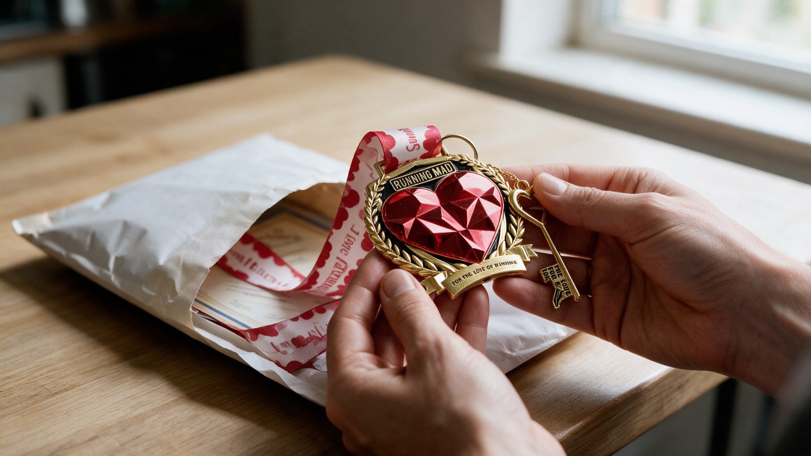 Hands lifting the Running Mad For the Love of Running heart medal and its pink ribbon out of a padded postal envelope