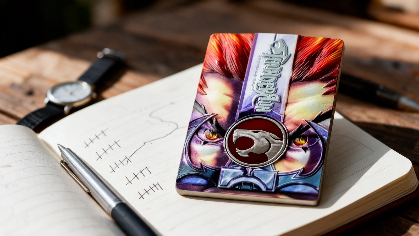 Running Mad Thunder Run medal lying on a notebook with tally marks, a pen and a watch