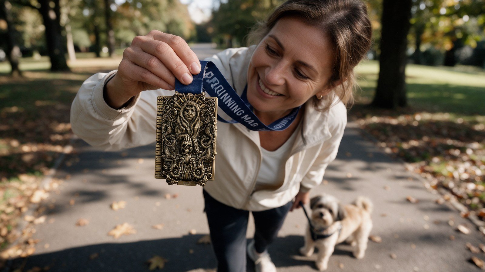 Walker in a park holding up the Running Mad Star Sign Series Leo medal on its blue ribbon, with her dog beside her