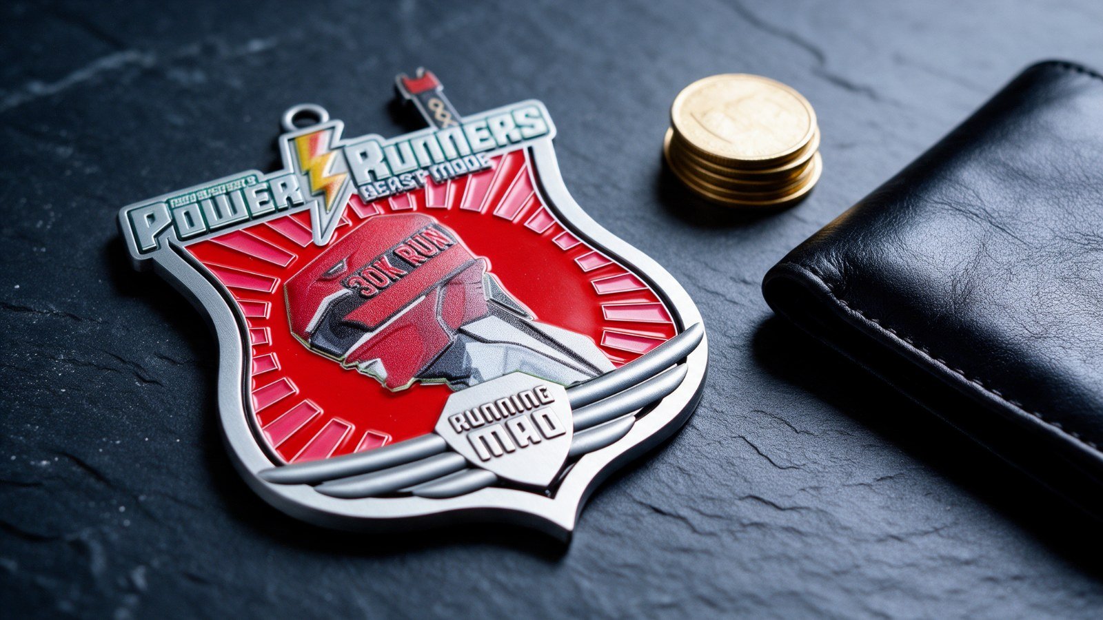 Running Mad Power Runners shield medal on black slate beside a stack of gold coins and a leather wallet